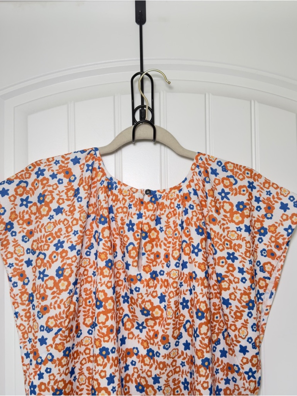 Melloday XL Orange Blue Floral Ditsy Floral Flutter Sleeves 70s Inspired Blouse - Picture 4 of 7